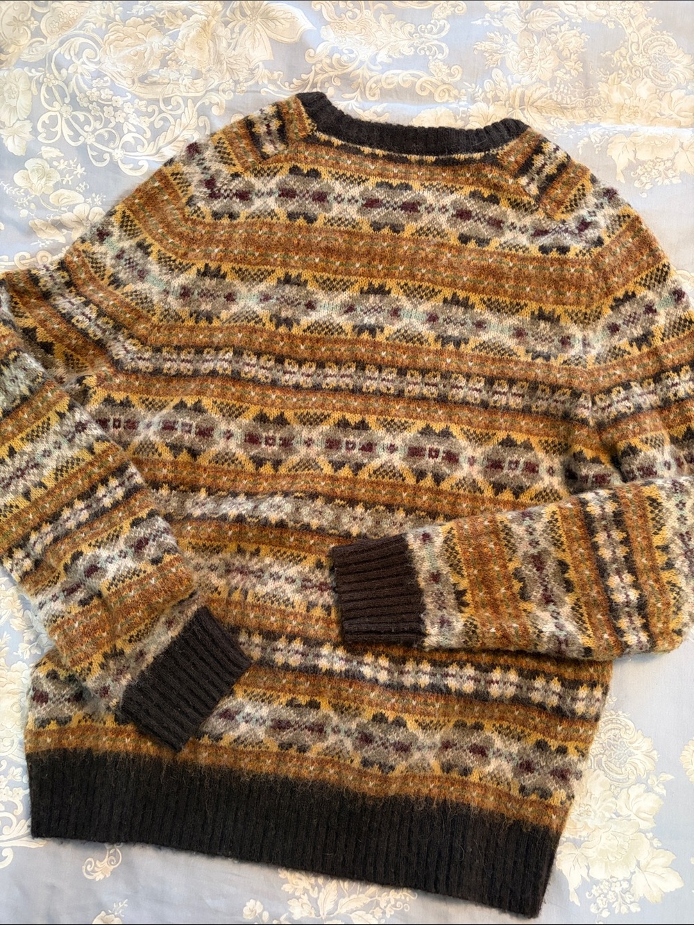 J. Crew Men's Fair Isle Crewneck 100% Wool Sweater in Brown / Cream Sz. Medium - Picture 3 of 6